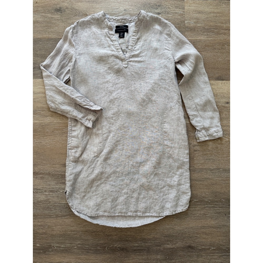 Tahari Womens XS 100% Linen Tunic Dress Oatmeal Beige Roll Tab Sleeve Pockets